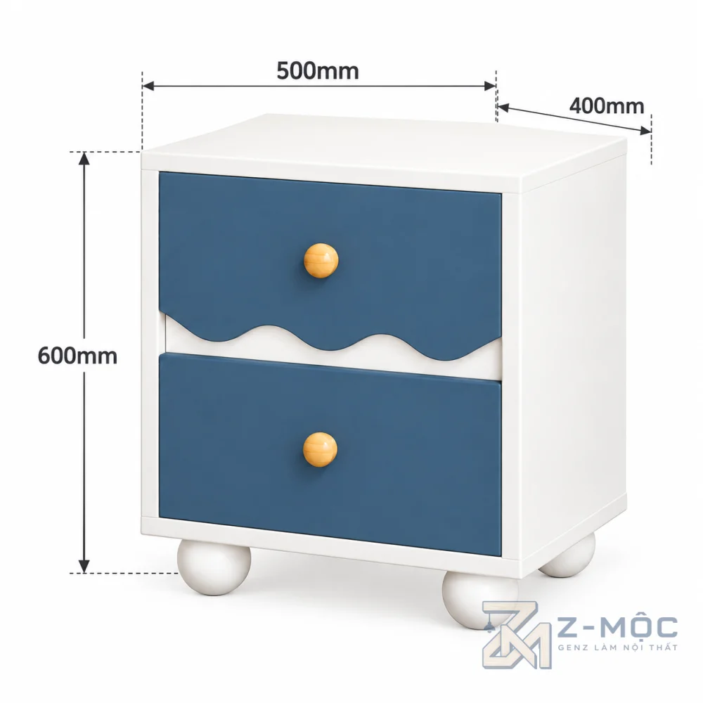 Kích thước chi tiết Tủ Đầu Giường 2 Ngăn Kéo Gợn Sóng ZM-13001