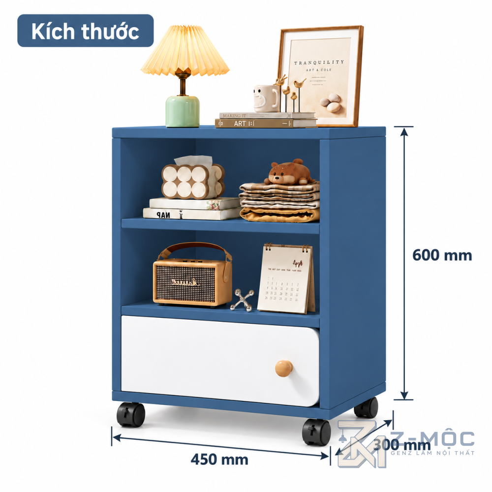 Kích thước chi tiết Tủ Đầu Giường Bằng Gỗ Rộng Rãi Có Bánh Xe ZM-13008