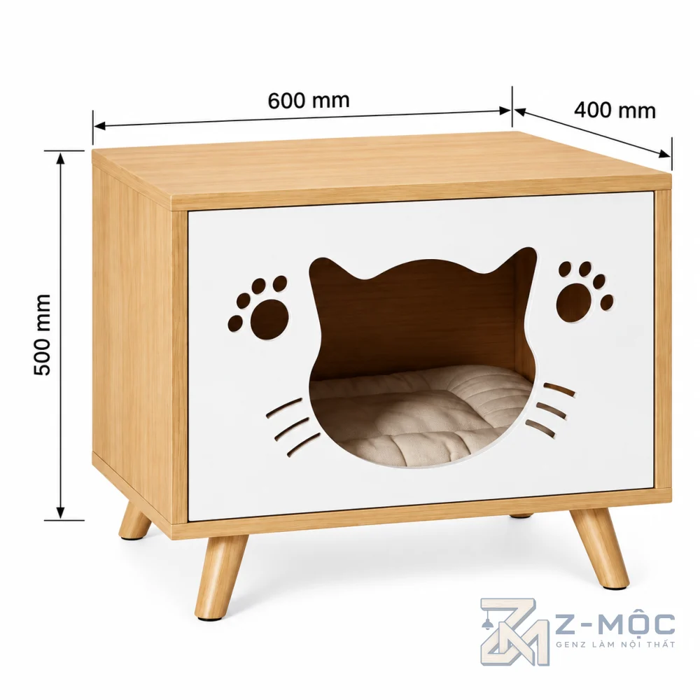 Kích thước chi tiết Tủ Đầu Giường Kết Hợp Nhà Cho Mèo Đáng Yêu ZM-13007
