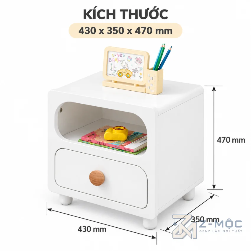 Kích thước chi tiết Tủ Đầu Giường Màu Trắng Trẻ Trung Hiện Đại ZM-13005