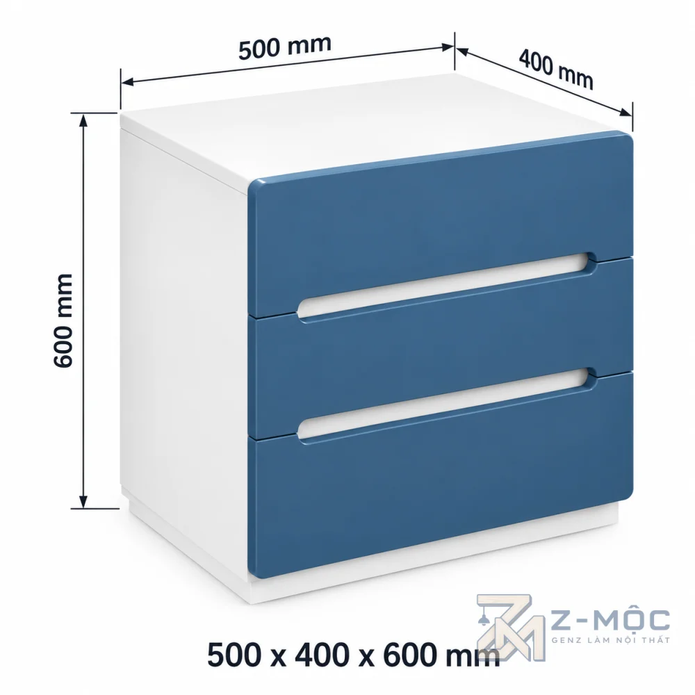 Kích thước chi tiết Tủ Đầu Giường Thiết Kế Hiện Đại Bằng Gỗ 3 Ngăn ZM-13004 2