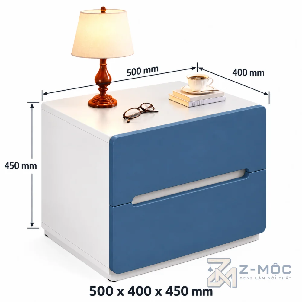 Kích thước chi tiết Tủ Đầu Giường Thiết Kế Hiện Đại Bằng Gỗ 3 Ngăn ZM-13004