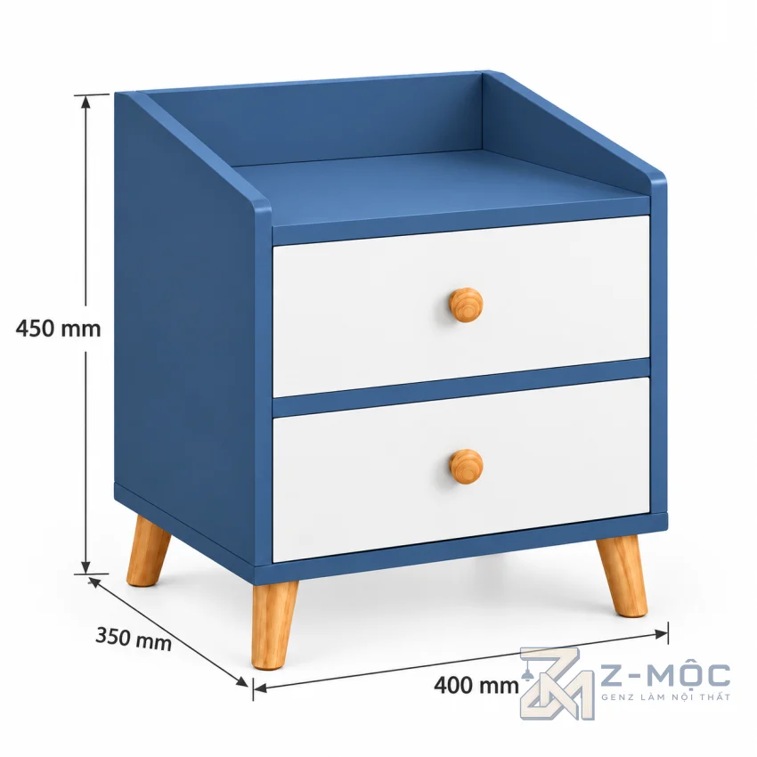 Kích thước chi tiết Tủ Đầu Giường Xanh Dương 2 Ngăn Kéo ZM-13005