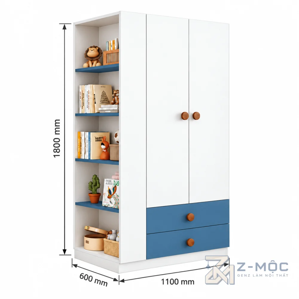 Kích thước chi tiết Tủ Quần Áo Kèm Kệ Sách Nhỏ Gọn Trắng Phối Xanh ZM-10062 2