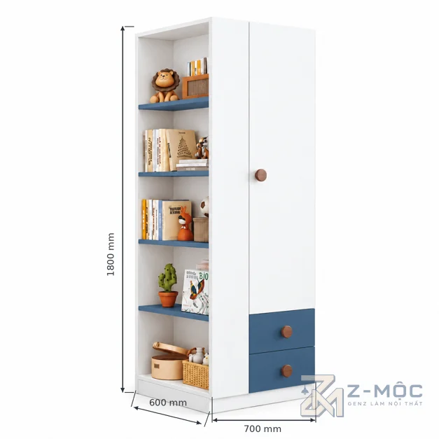 Kích thước chi tiết Tủ Quần Áo Kèm Kệ Sách Nhỏ Gọn Trắng Phối Xanh ZM-10062