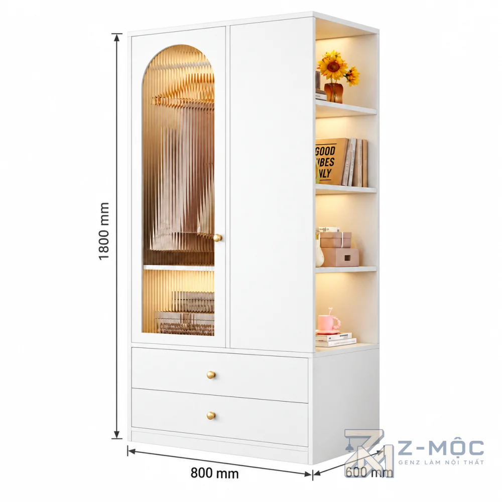 Kích thước chi tiết Tủ Quần Áo Trắng Gỗ Công Nghiệp Nhỏ Gọn ZM-10061
