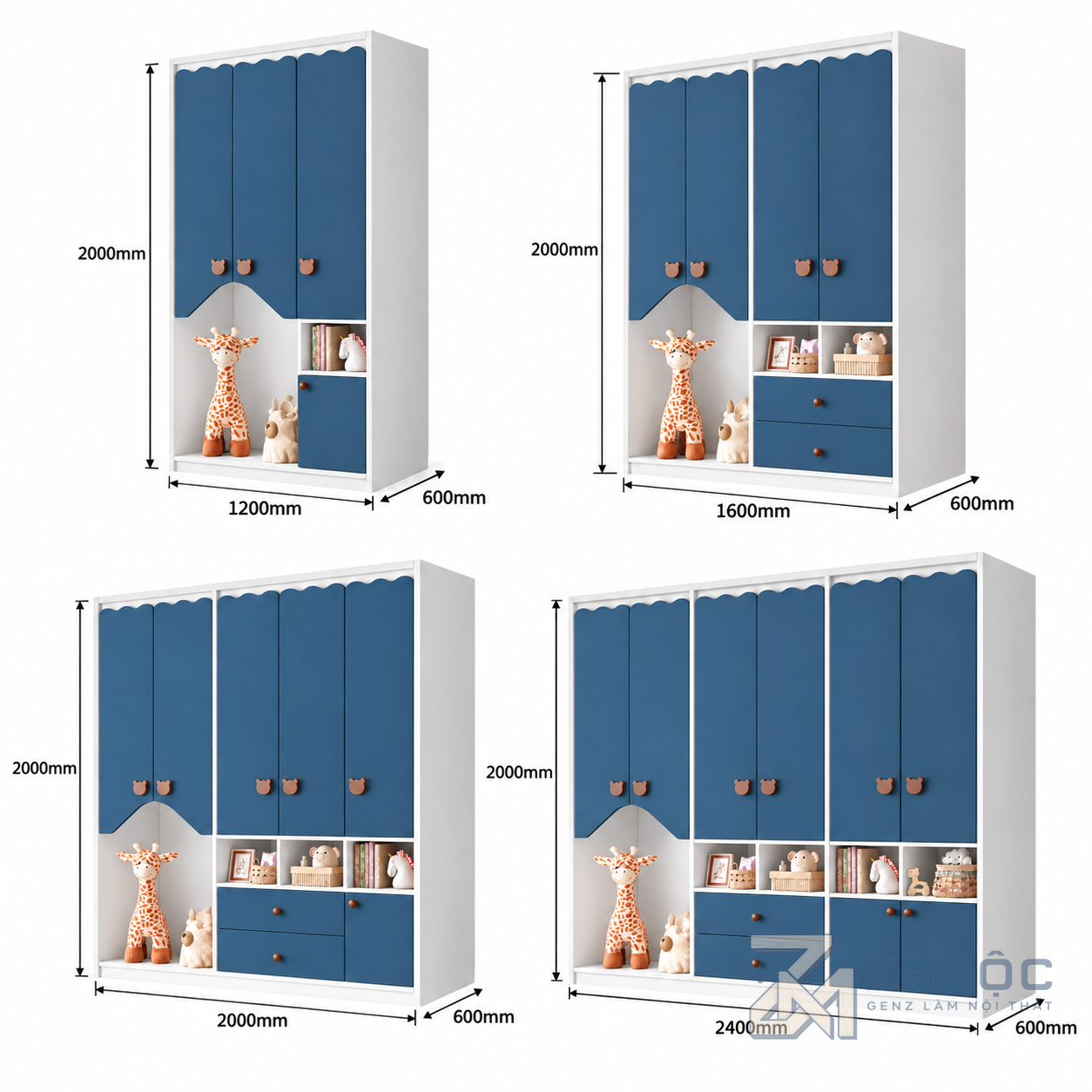 Kích thước chi tiết Tủ Quần Áo Trẻ Em Có Hộc Trang Trí Hiện Đại ZM-10058