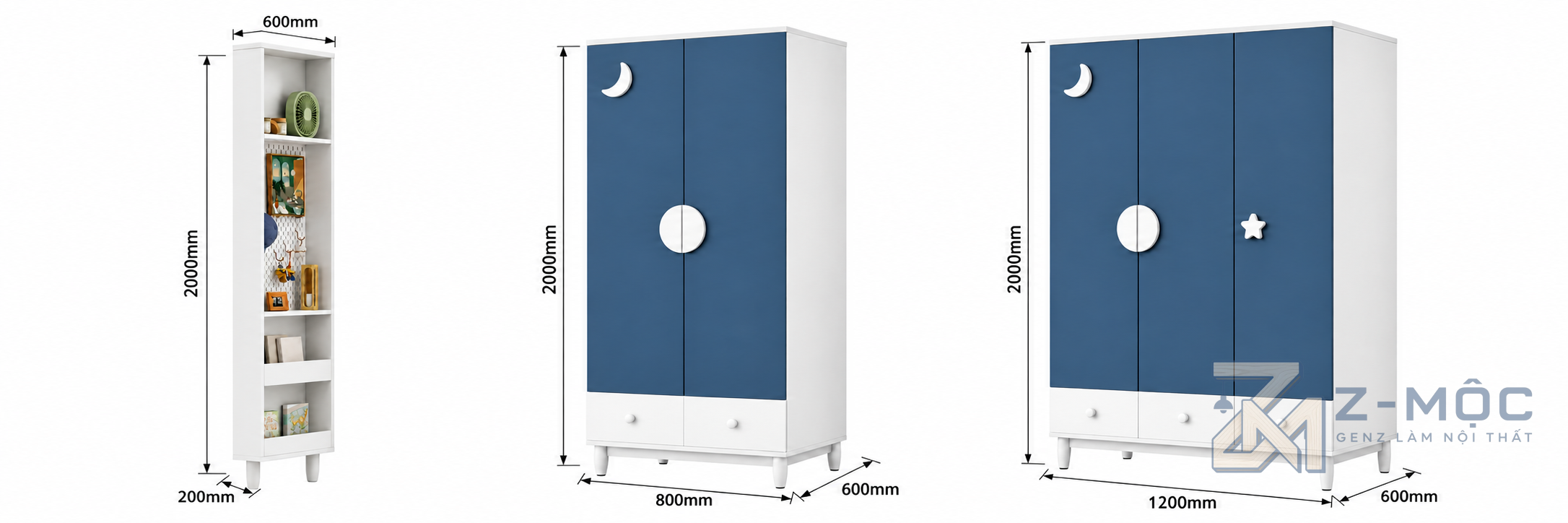 Kích thước chi tiết Tủ Quần Áo Trẻ Em Có Kệ Trang Trí 3 Cánh ZM-10059