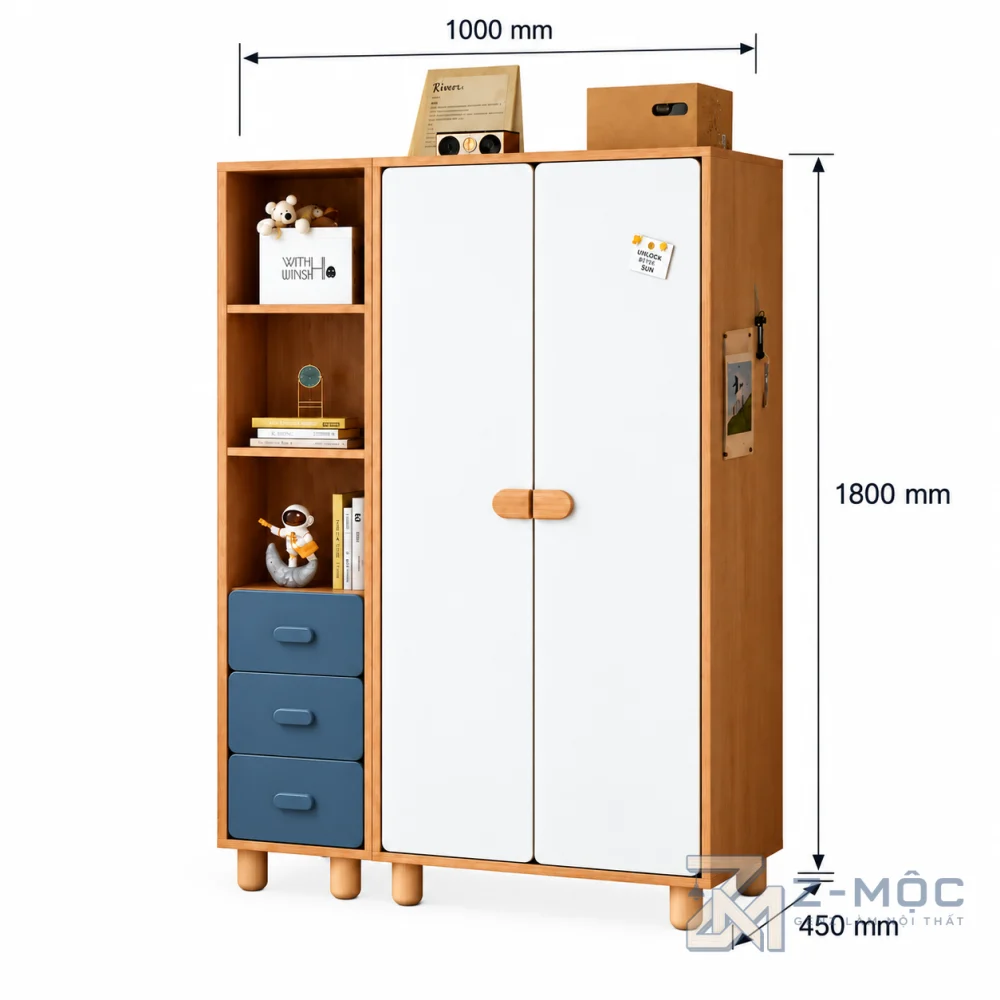 Kích thước chi tiết Tủ Quần Áo Trẻ Em Gỗ MDF Hiện Đại 2 Cánh ZM-10064