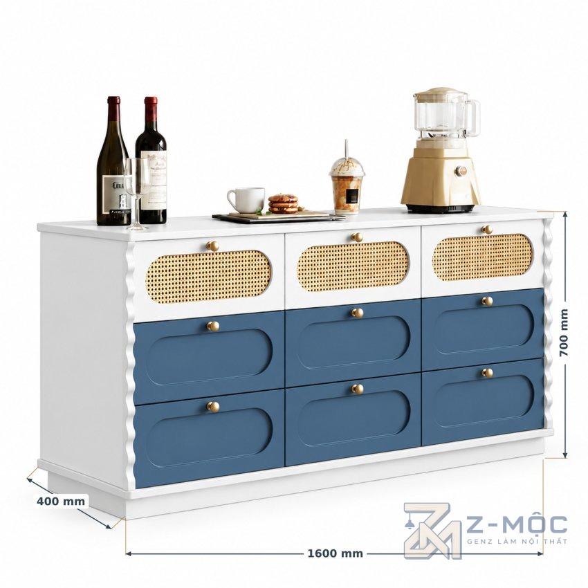 Kích thước chi tiết Tủ Trang Trí Mây Đan Kết Hợp Đường Lượn Sóng ZM-94033 2
