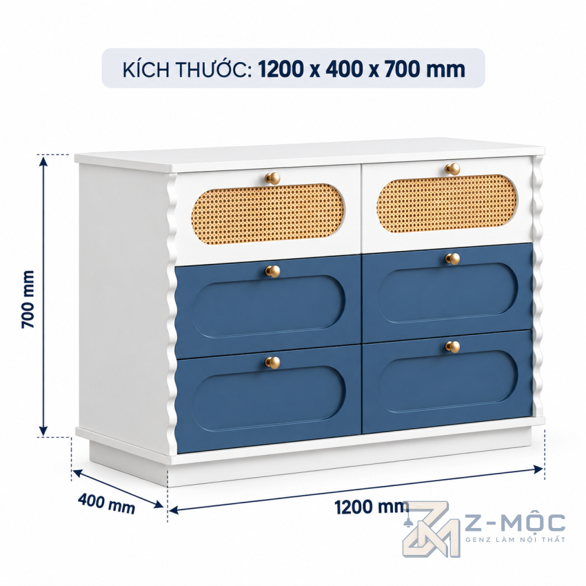 Kích thước chi tiết Tủ Trang Trí Mây Đan Kết Hợp Đường Lượn Sóng ZM-94033