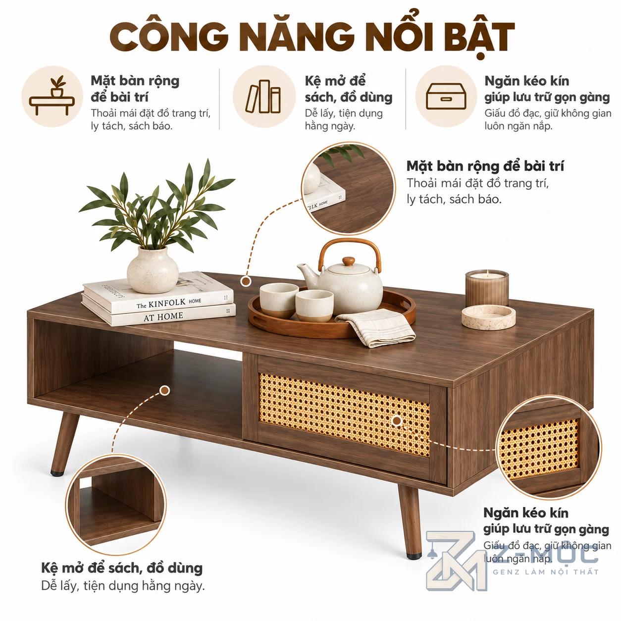 Ngăn kéo kín kết hợp kệ mở tiện dụng