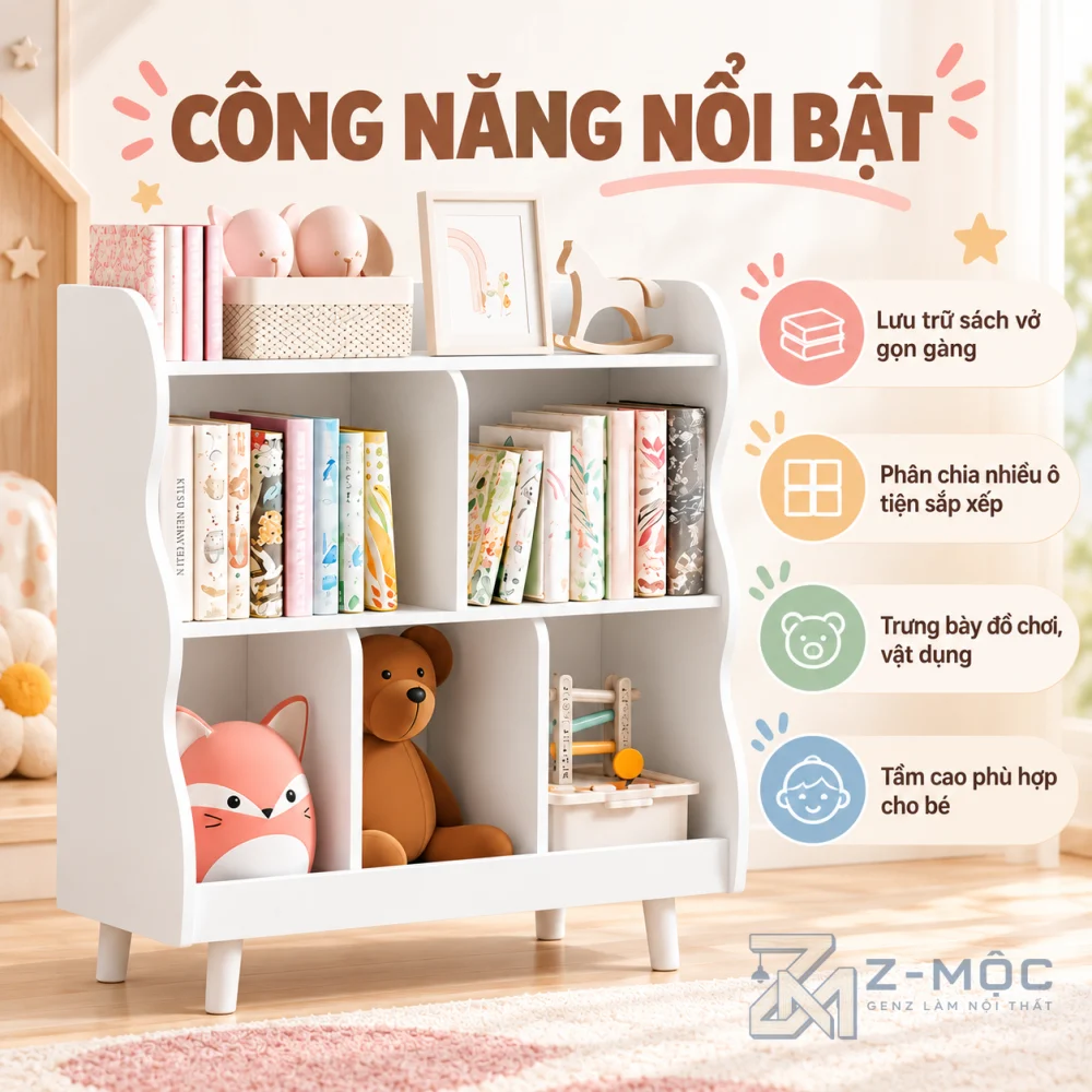 Nhiều khoang lưu trữ sách và đồ chơi