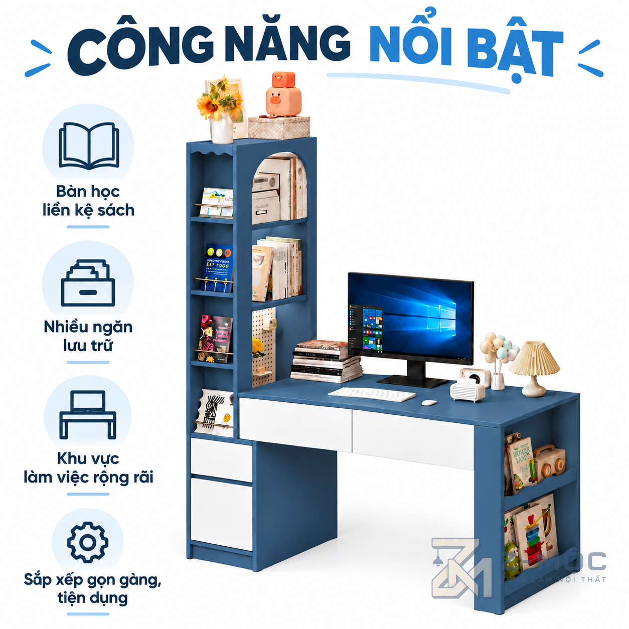 Nhiều ngăn kéo và kệ sách giúp lưu trữ gọn gàng