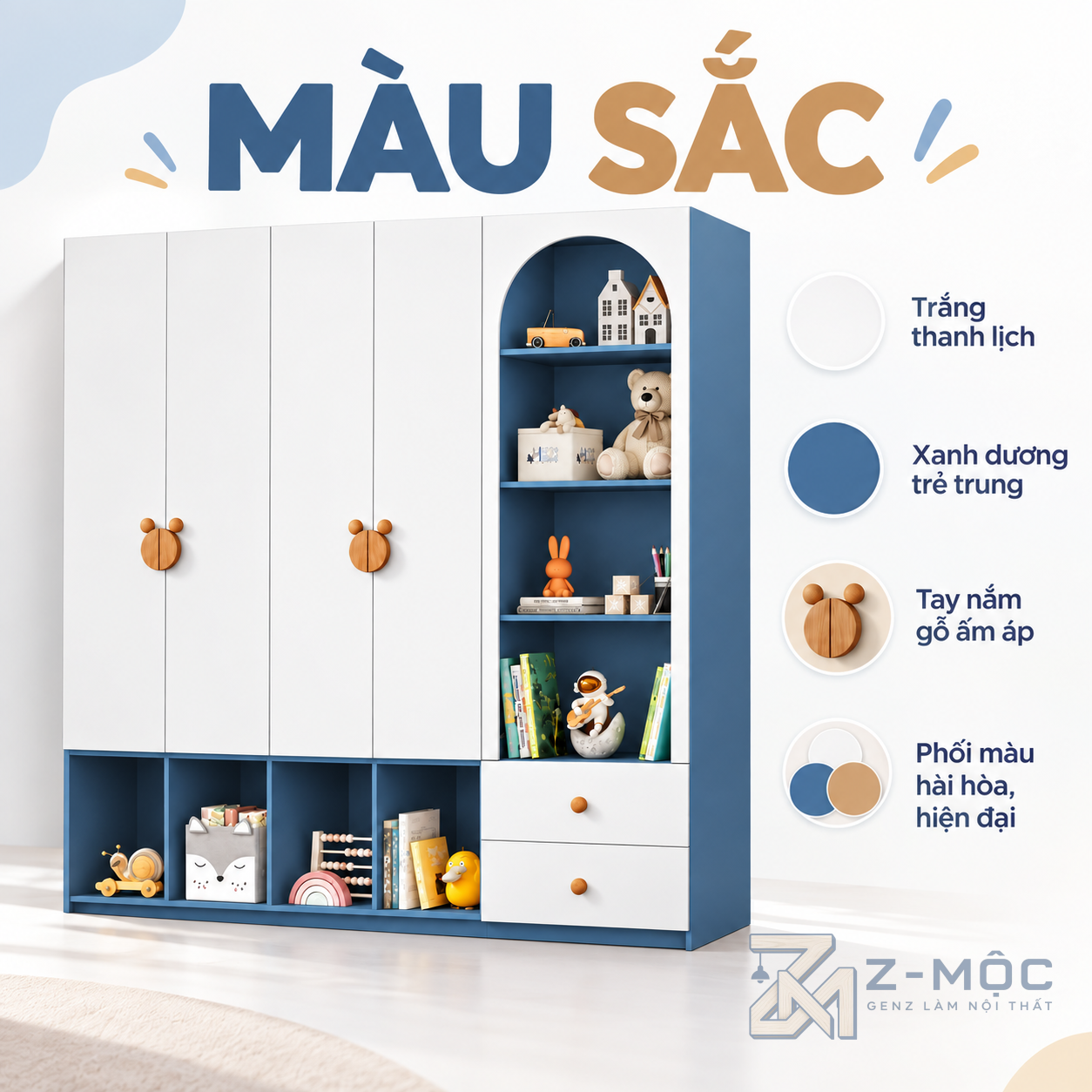 Phối màu xanh trắng dễ dùng cho phòng trẻ em