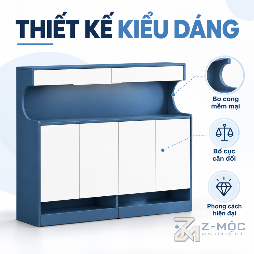Thiết kế bo cong hiện đại, phối màu xanh trắng nổi bật