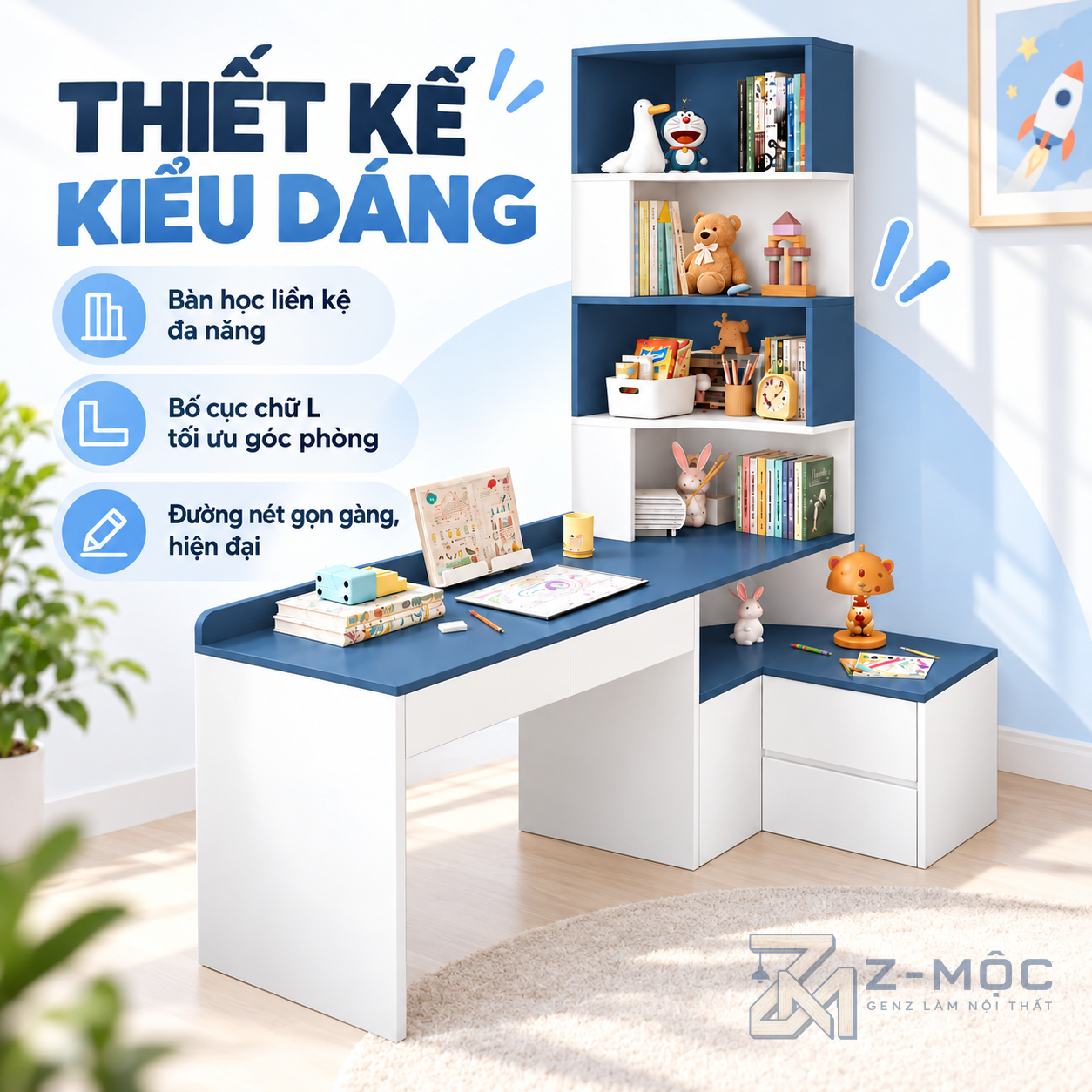 Thiết Kế Chữ L Hiện Đại, Mặt Bàn Rộng Rãi
