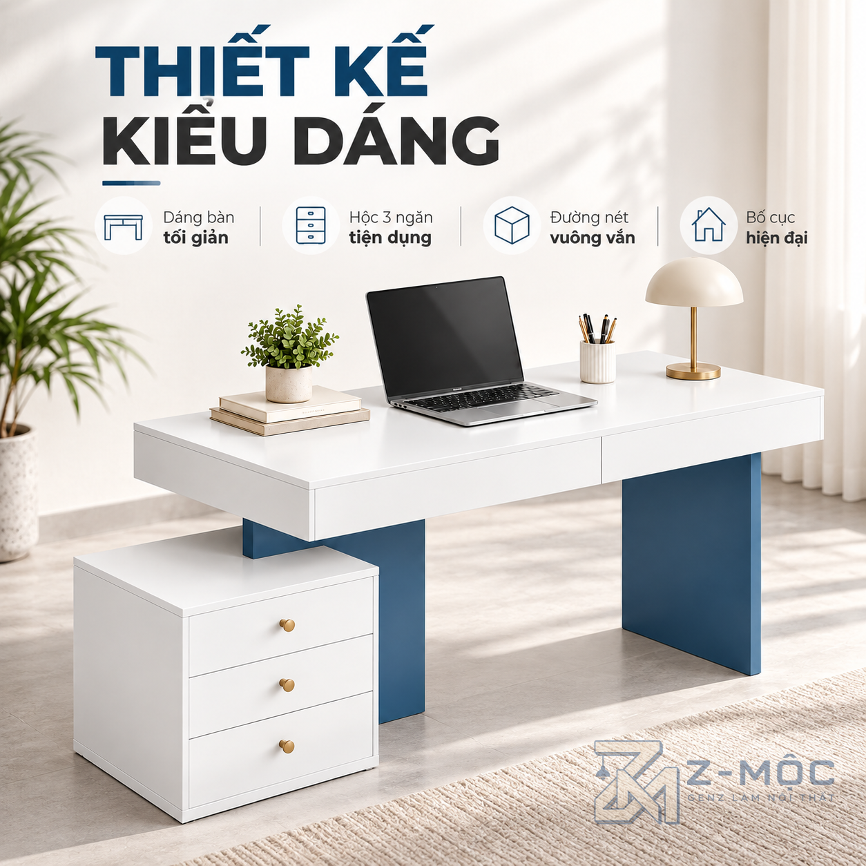 Thiết kế trắng xanh hiện đại, dễ tạo điểm nhấn