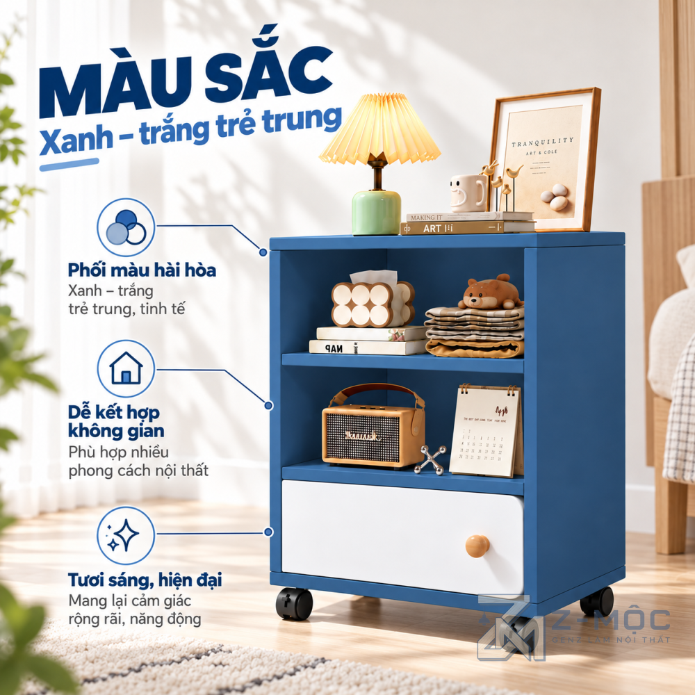 Trang bị bánh xe linh hoạt, dễ bố trí trong phòng ngủ