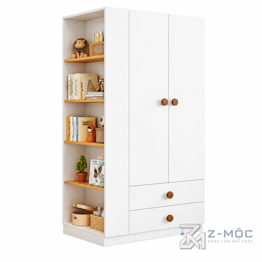 Tủ Quần Áo Kèm Kệ Sách Nhỏ Gọn Trắng Phối Xanh ZM-10062 - ảnh chi tiết 1