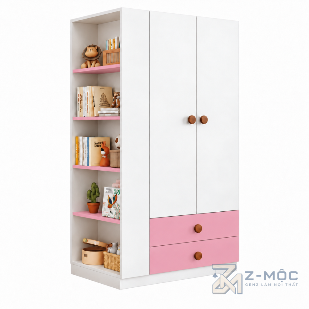 Tủ Quần Áo Kèm Kệ Sách Nhỏ Gọn Trắng Phối Xanh ZM-10062 - ảnh chi tiết 2