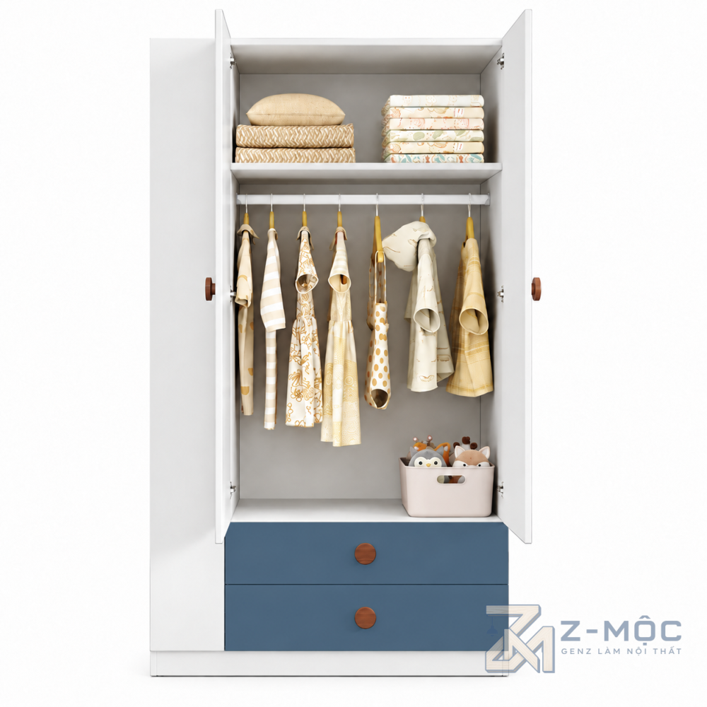 Tủ Quần Áo Kèm Kệ Sách Nhỏ Gọn Trắng Phối Xanh ZM-10062 - ảnh chi tiết 7