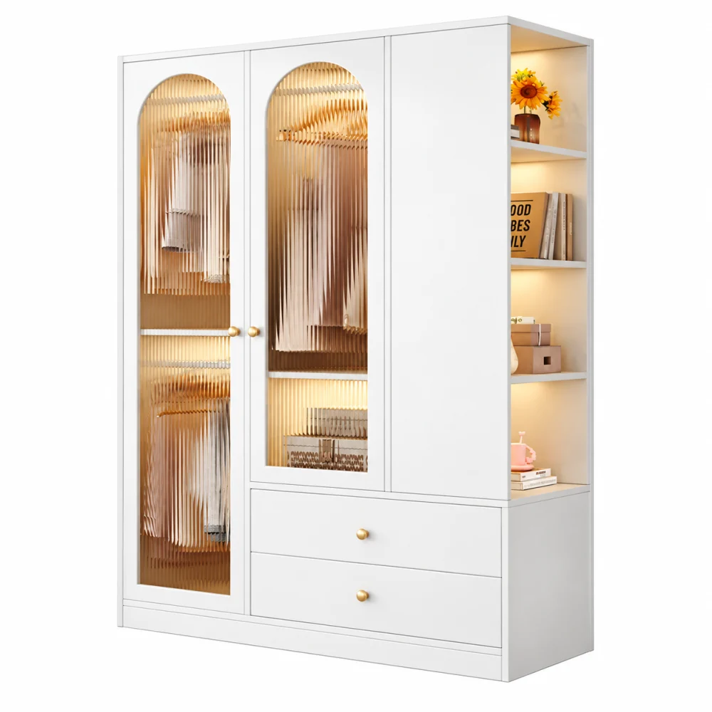 Tủ quần áo trắng gỗ công nghiệp nhỏ gọn cánh kính sọc